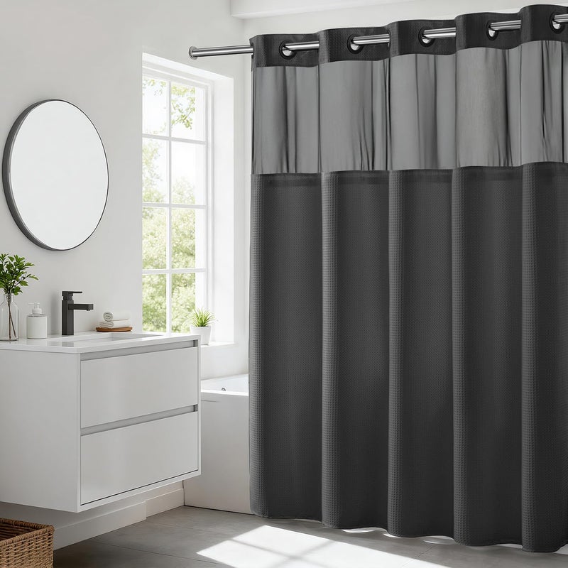 River Dream Heavyweight No Hooks Required Dotted Waffle Weave Shower Curtain with Snap in Liner - 71W x 74H,Hotel Grade,Spa Like Bath Curtain,Graphite Grey - Image 1